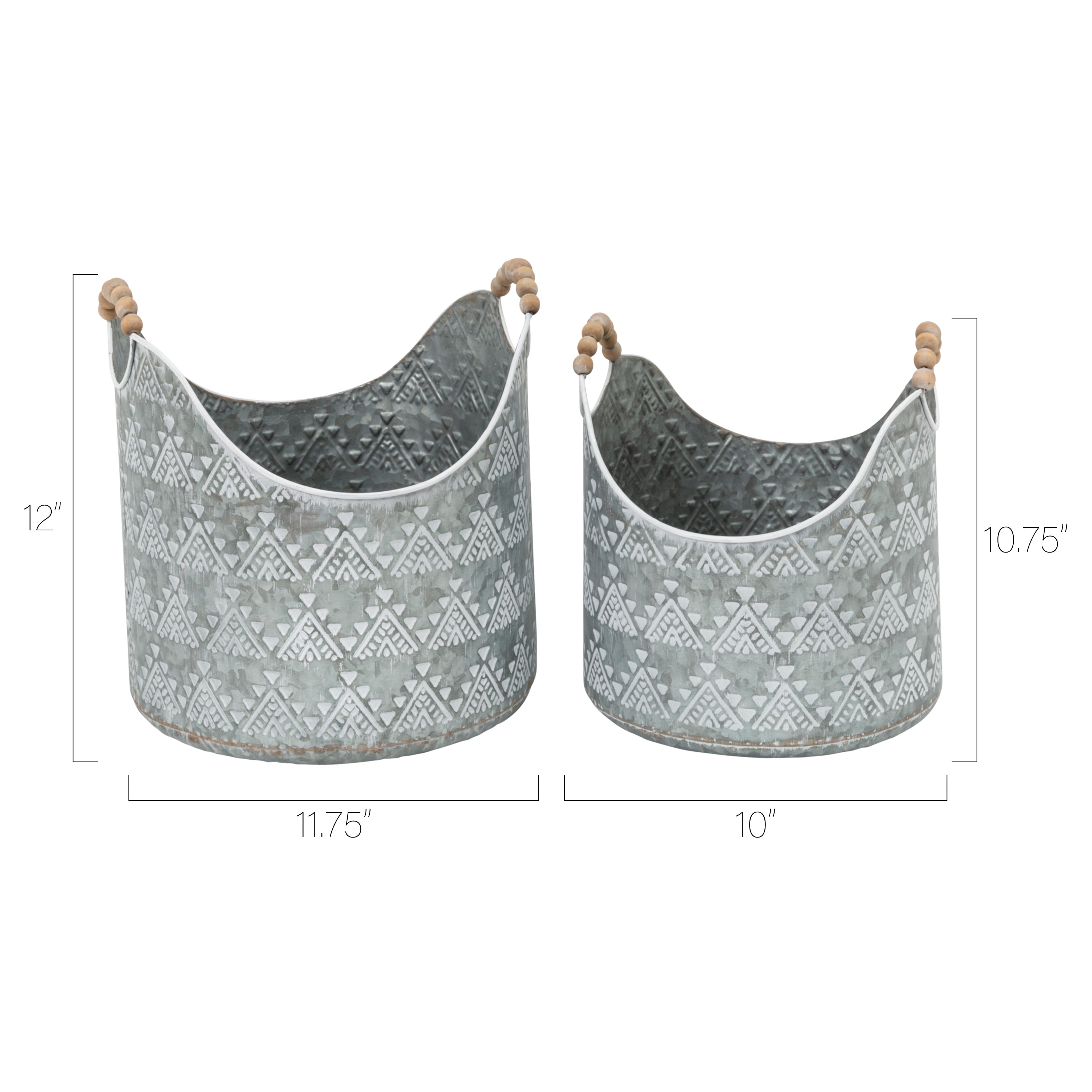 Set of 2 Rustic Metal Buckets with Wood Bead Handles